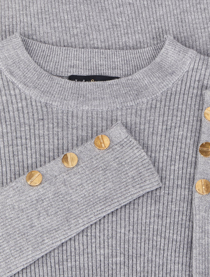 Pull côtelé basique à poignets boutonnés - Gris chiné - 3