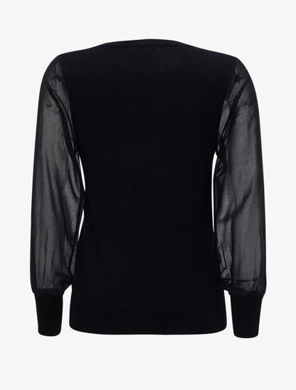 Pull à manches bouffantes en voile transparent - Noir - 2