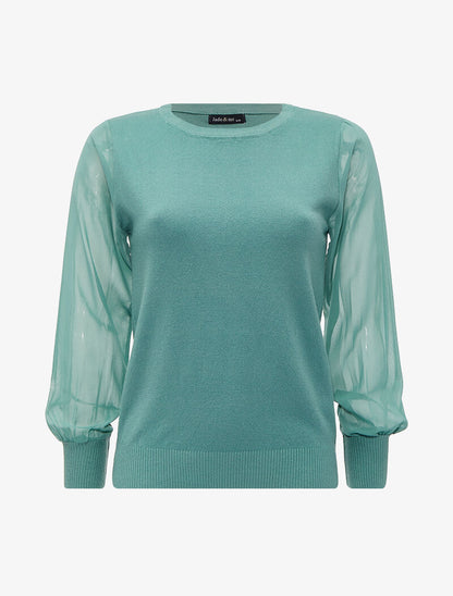 Pull à manches bouffantes en voile transparent - Vert d&