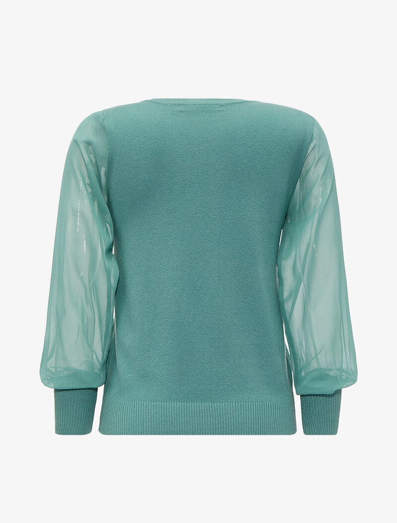 Pull à manches bouffantes en voile transparent - Vert d&