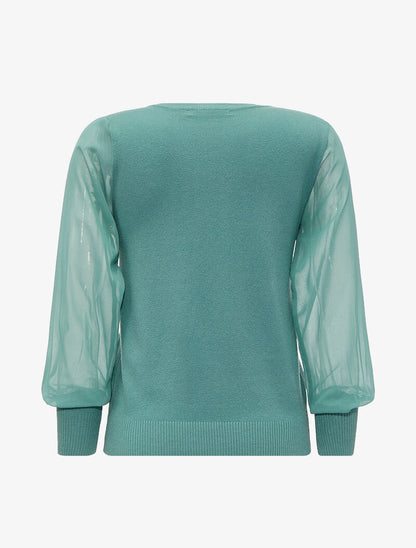 Pull à manches bouffantes en voile transparent - Vert d&