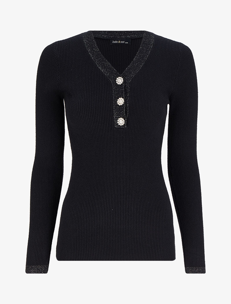 Pull côtelé à col V irisé et boutons en strass - Noir - 1