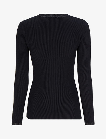 Pull côtelé à col V irisé et boutons en strass - Noir - 2
