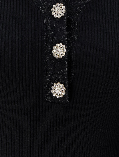 Pull côtelé à col V irisé et boutons en strass - Noir - 3