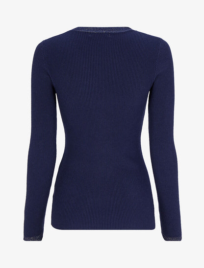 Pull côtelé à col V irisé et boutons en strass - Marine - 2