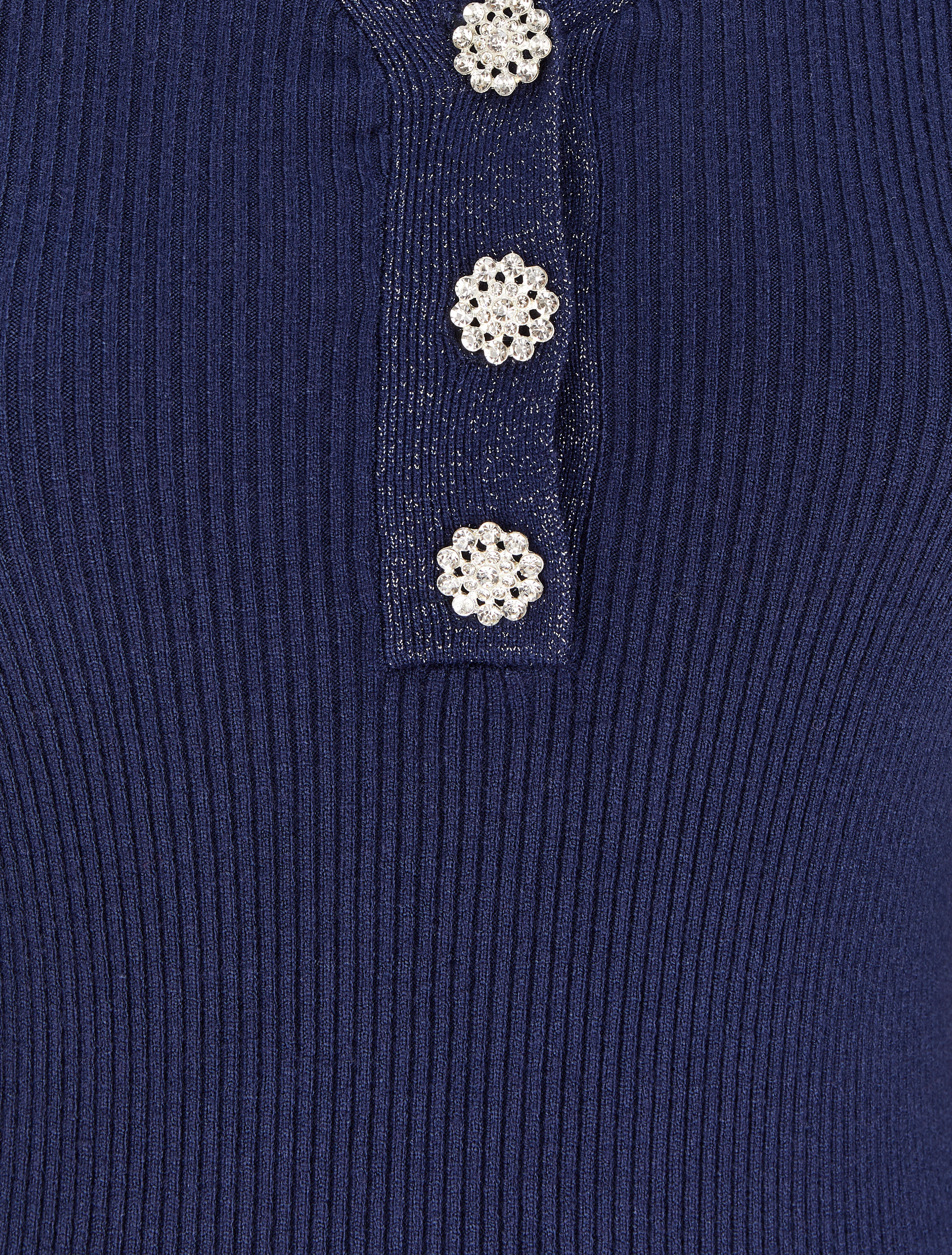 Pull côtelé à col V irisé et boutons en strass - Marine - 3