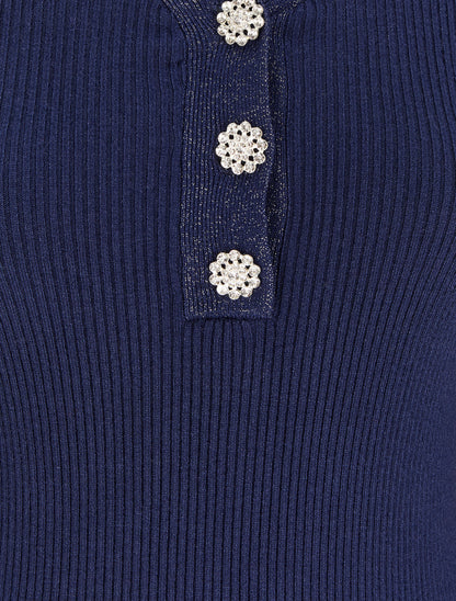 Pull côtelé à col V irisé et boutons en strass - Marine - 3