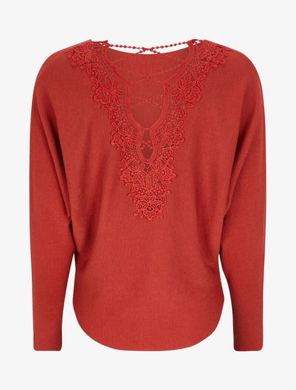 Pull à dos en crochet ajouré et manches dolman - Brique - 2