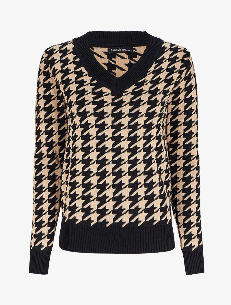 Pull col V à imprimé - Noir/camel - 4
