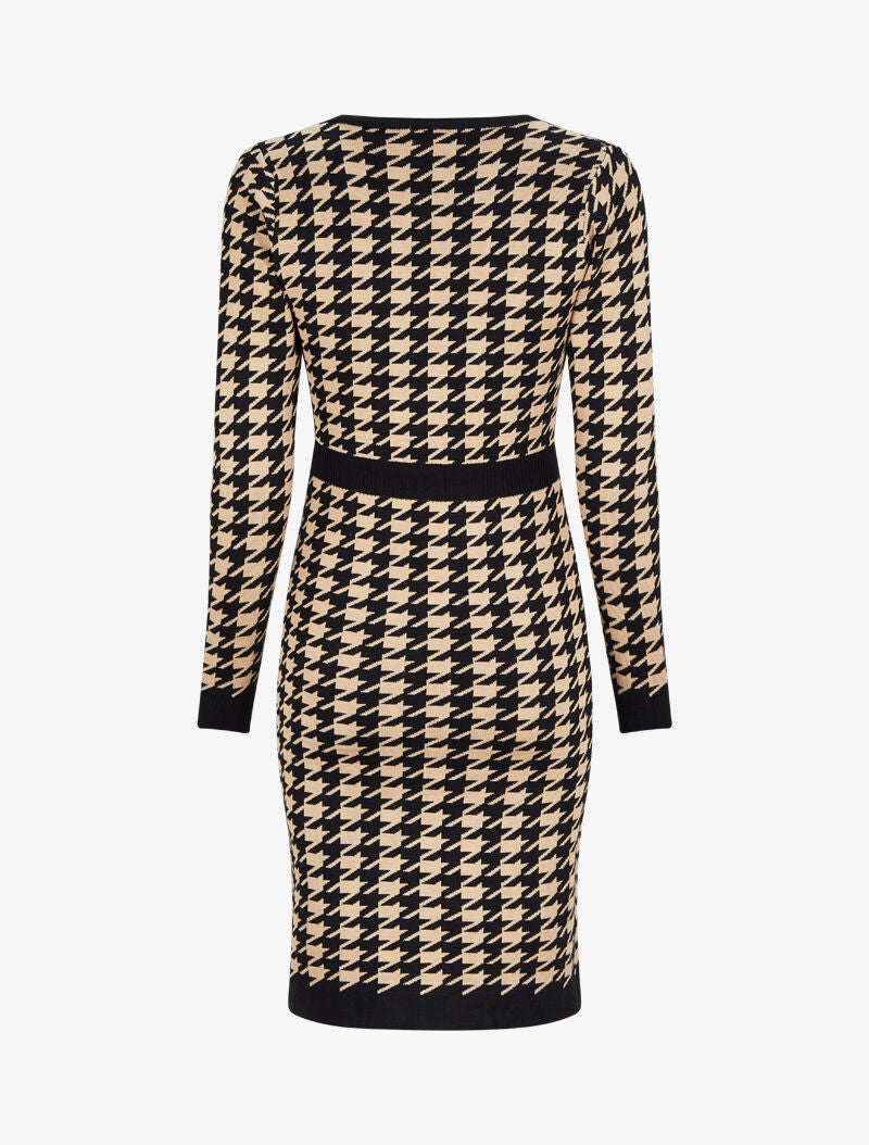 Robe mi-longue col V à imprimé pied-de-coq - Camel/noir - 2
