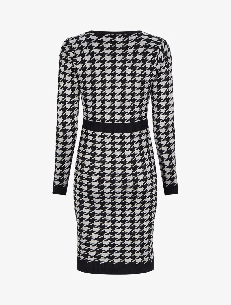 Robe mi-longue col V à imprimé pied-de-coq - Gris/noir - 2