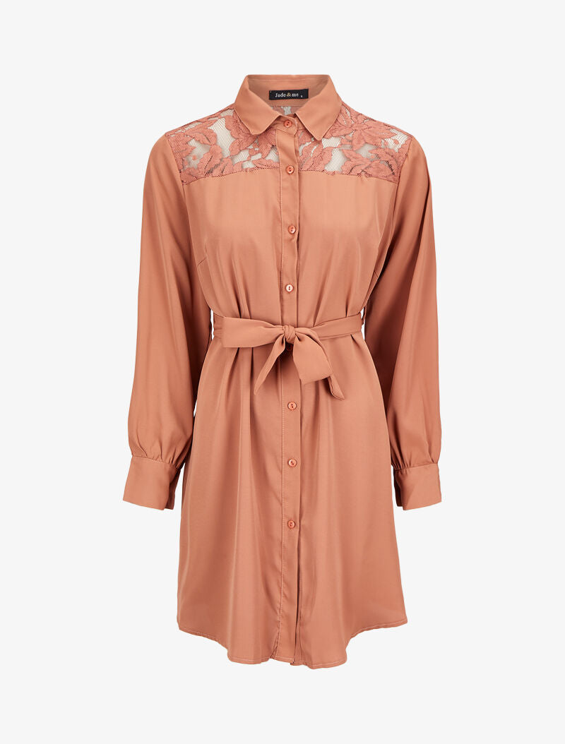 Robe chemise ample à épaules en dentelle - Camel clair - 4