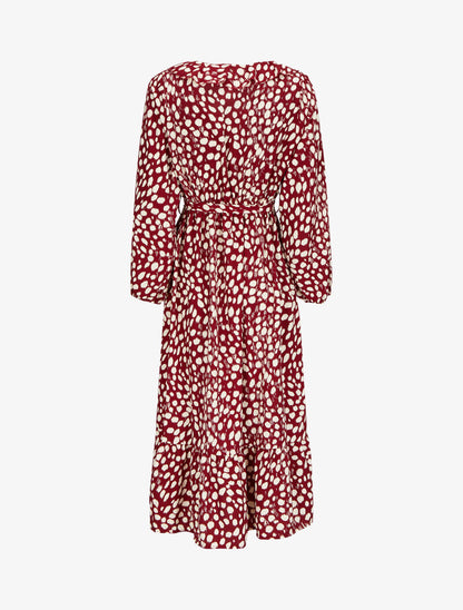 Robe imprimé moucheté à col V volanté - Lie de vin - 2