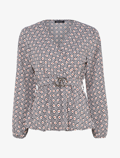 Top péplum imprimé marguerites stylisées à encolure cache-coeur - Noir/beige - 1