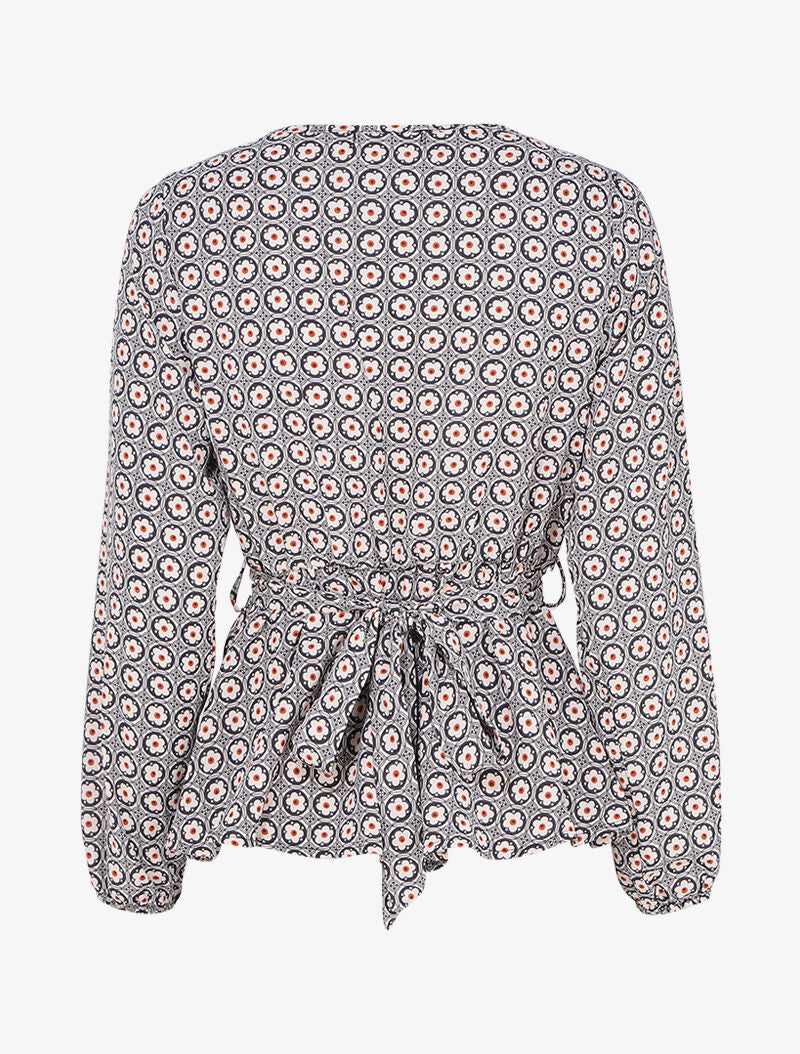 Top péplum imprimé marguerites stylisées à encolure cache-coeur - Noir/beige - 2