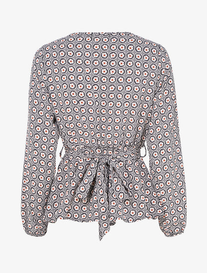 Top péplum imprimé marguerites stylisées à encolure cache-coeur - Noir/beige - 2