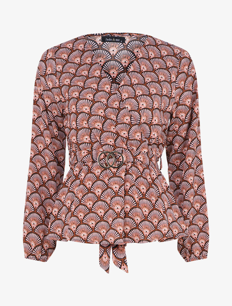 Top péplum imprimé éventails à encolure cache-coeur - Rose poudré - 4