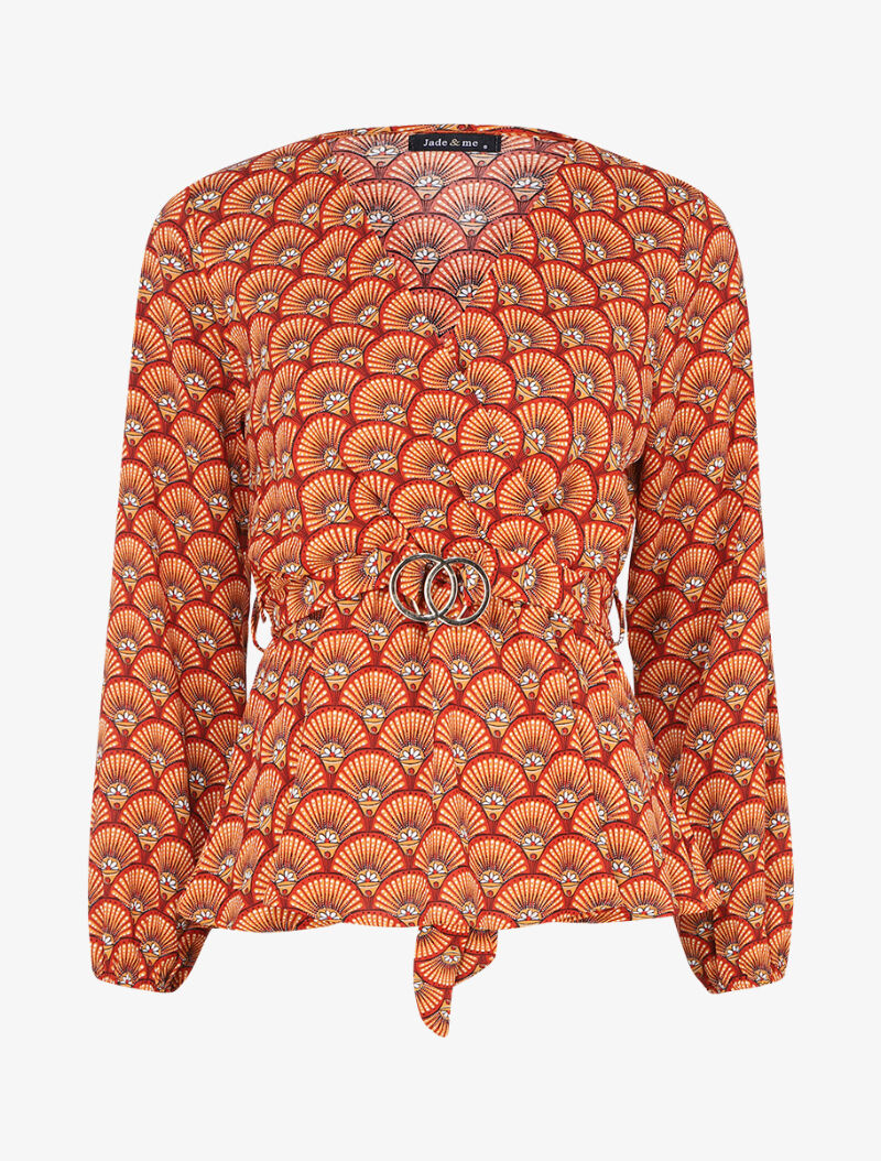 Top péplum imprimé éventails à encolure cache-coeur - Orange - 1