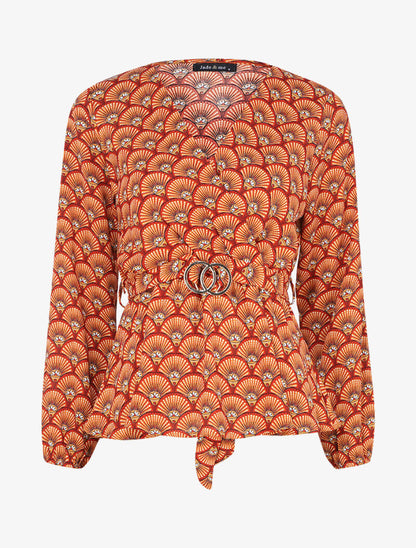 Top péplum imprimé éventails à encolure cache-coeur - Orange - 1