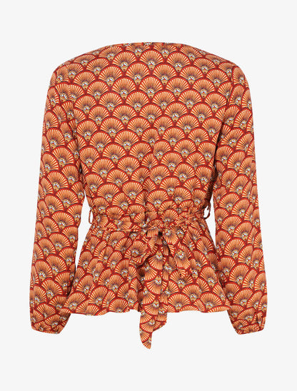 Top péplum imprimé éventails à encolure cache-coeur - Orange - 2