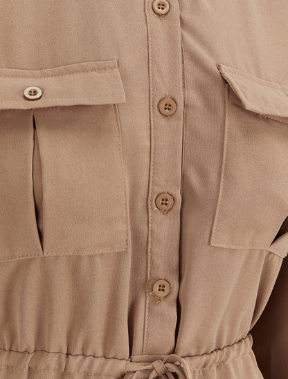 Robe chemise mi-longue à lien à nouer - Beige - 3