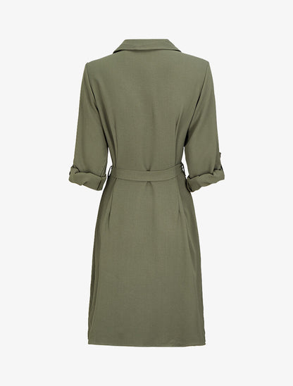Robe chemise mi-longue à poches à rabats - Olive - 2