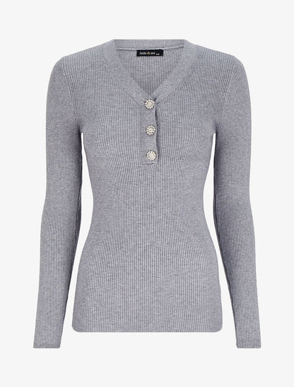 Pull côtelé à col V irisé et boutons en strass - Gris chiné - 2