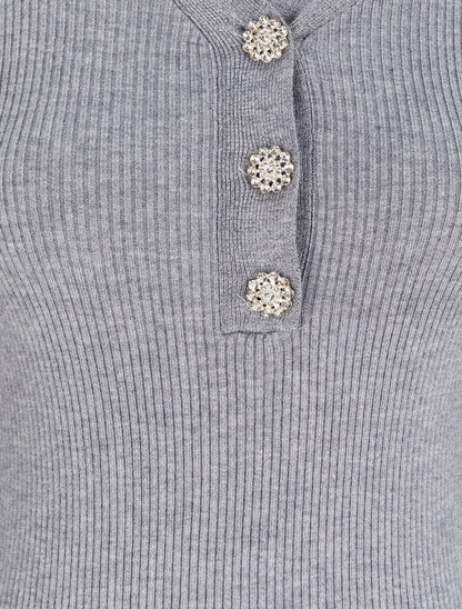Pull côtelé à col V irisé et boutons en strass - Gris chiné - 4