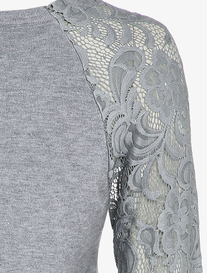 Pull fin à manches brodées - Gris clair - 3