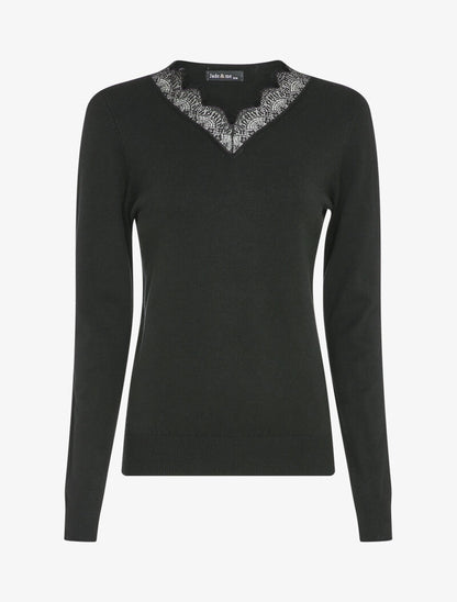 Pull à col V en dentelle - Noir - 1