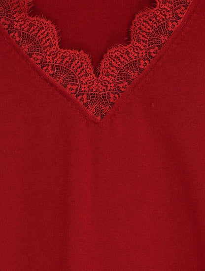 Pull à col V en dentelle - Rouge - 3