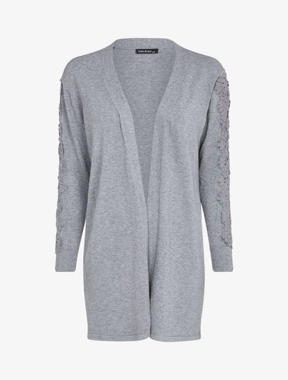 Gilet long à manches à empiècement brodé - Gris chiné - 1
