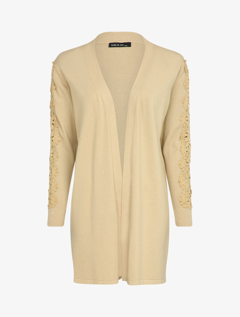 Gilet long à manches à empiècement brodé - Beige - 5