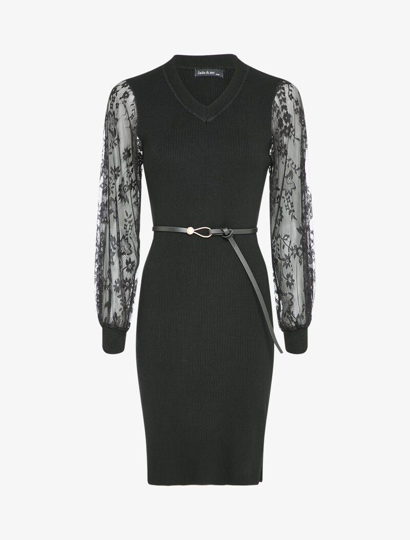 Robe côtelée à manches en dentelle fleurie - Noir - 1