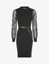 Robe côtelée à manches en dentelle fleurie - Noir - 1