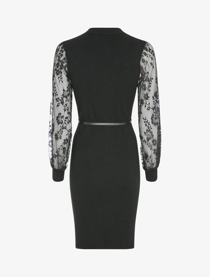 Robe côtelée à manches en dentelle fleurie - Noir - 2