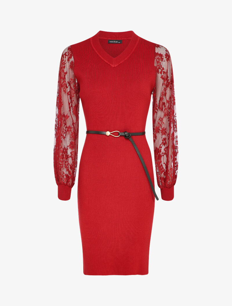 Robe côtelée à manches en dentelle fleurie - Rouge - 4