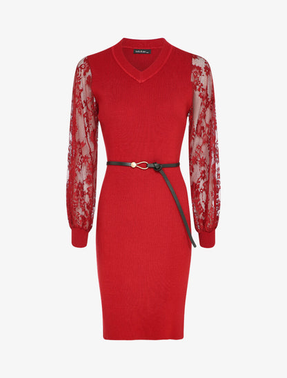 Robe côtelée à manches en dentelle fleurie - Rouge - 4