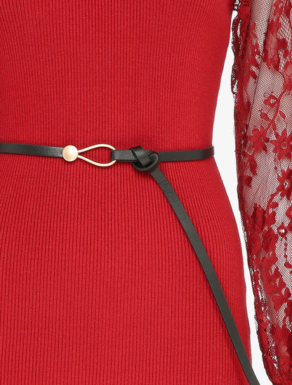 Robe côtelée à manches en dentelle fleurie - Rouge - 3