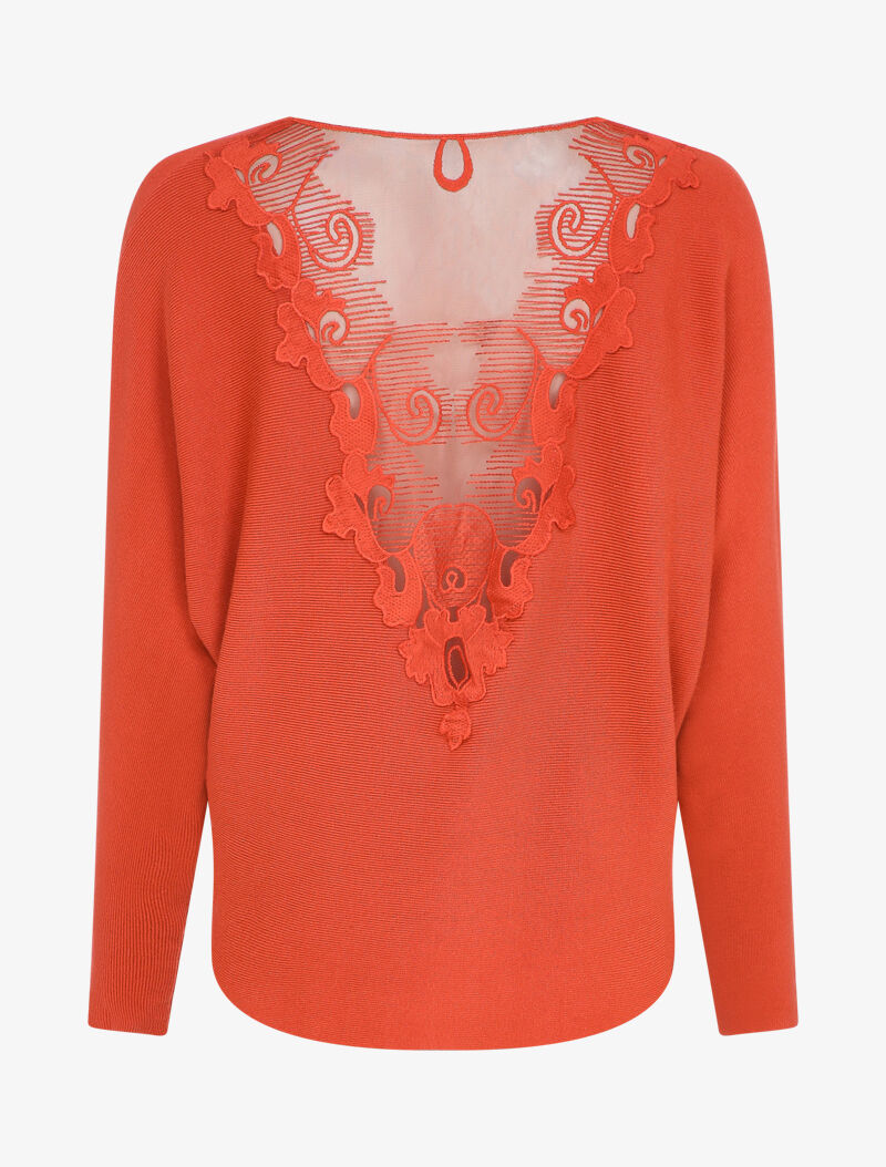 Pull chauve-souris avec dentelle au dos - Rouge - 2
