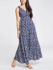 Robe longue à imprimé feuillage - Marine - 5