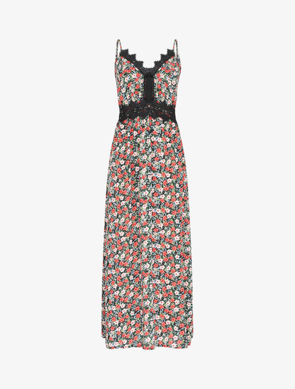 Robe longue fleurie et à fines broderies - Noir - 1