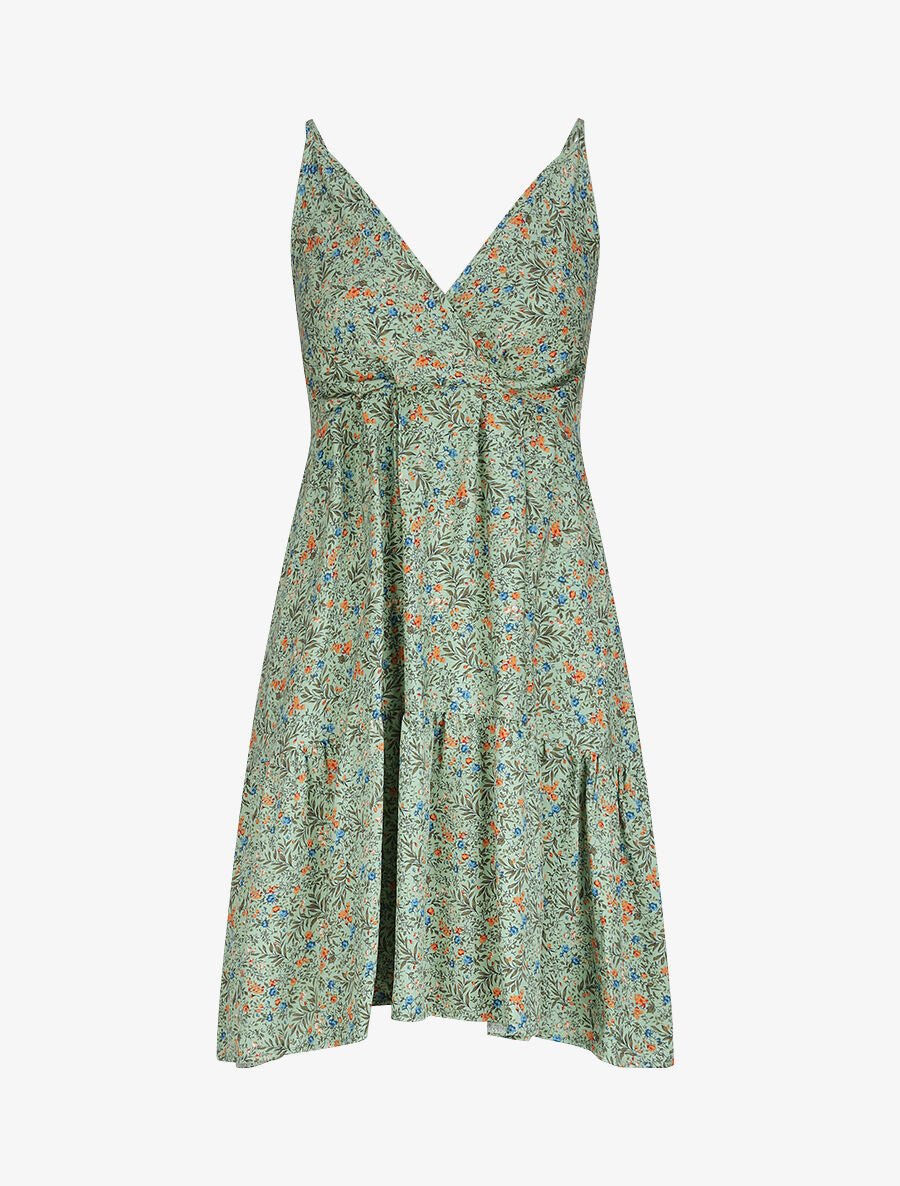 Robe patineuse mi-longue à imprimé fleurs champêtres - Vert tilleul - 1