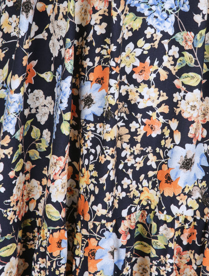 Robe patineuse mi-longue à imprimé fleurs printanières - Marine - 4