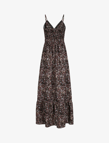 Robe longue imprimé petites fleurs à col V en dentelle - Noir - 2