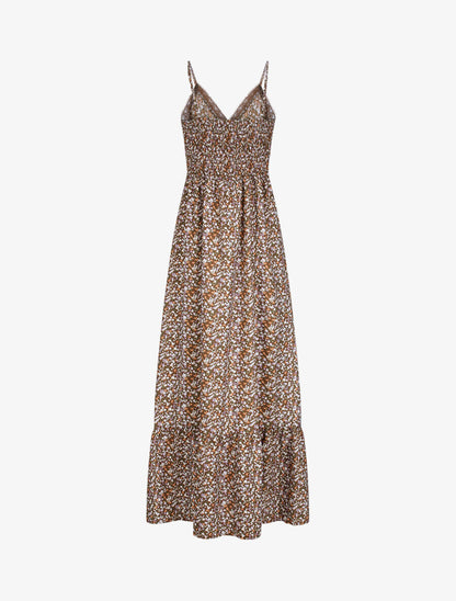 Robe longue imprimé petites fleurs à col V en dentelle - Marron - 2