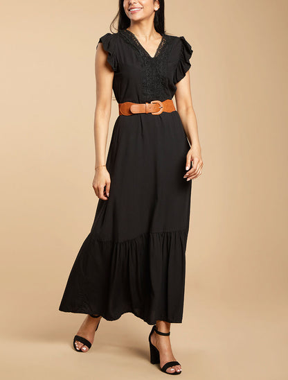 Robe longue à manches volantées - Noir - 4