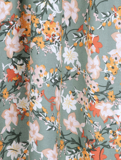 Robe longue imprimé multi-fleurs coupe empire - Kaki - 4