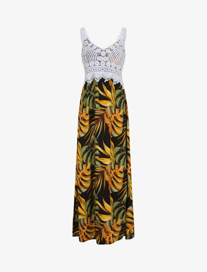 Robe longue imprimé feuilles exotiques et crochet - Noir - 1
