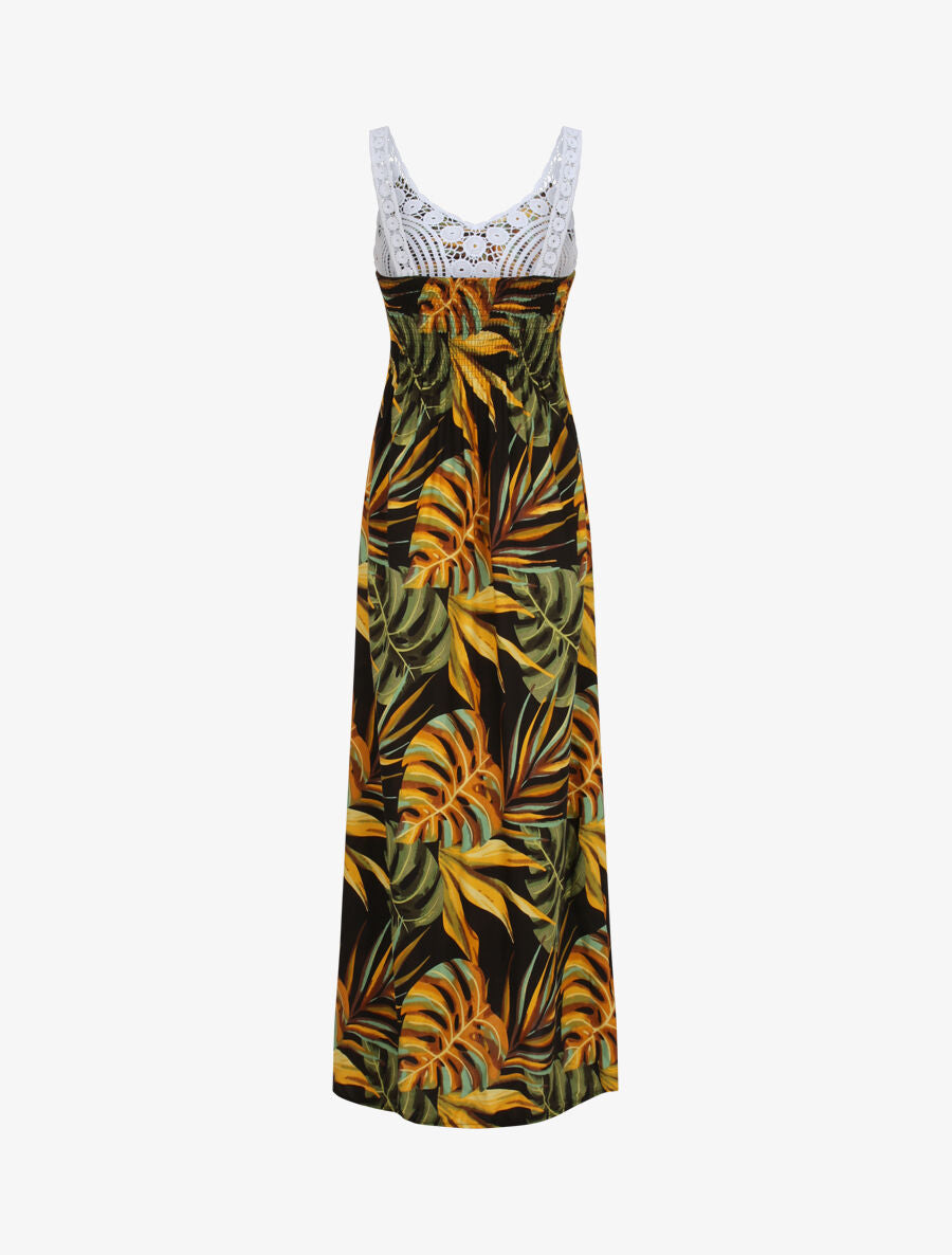 Robe longue imprimé feuilles exotiques et crochet - Noir - 2